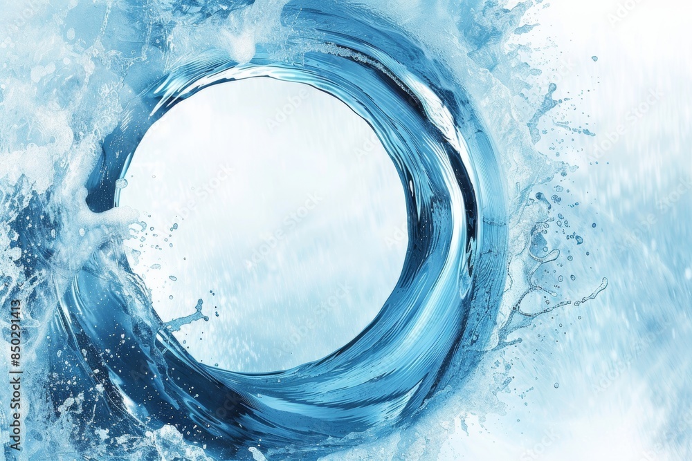 Poster Dynamic splash of water creating a circular shape, emphasizing the purity and motion of clear blue water in a refreshing and abstract form, Generative AI