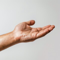 An open palm is shown in detail against a neutral background symbolizing concepts like giving and openness