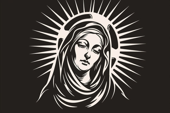 recommend clip art: This logo showcases a black and white vector portrait of Mary, mother of Jesus, adorned with a halo and radiant rays around her head, rendered with clean and bold lines on an isola