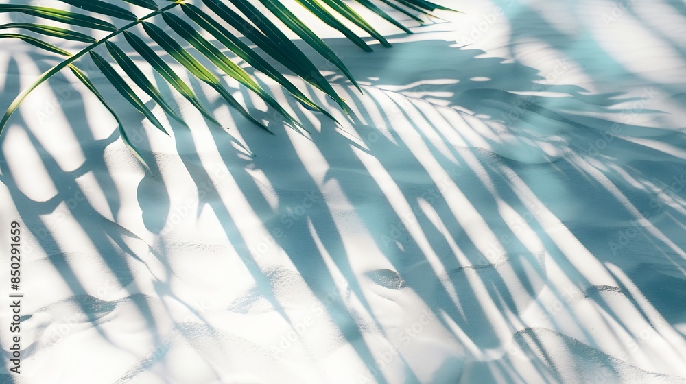 Aufkleber palm leaf shadow on abstract white sand beach background sun lights on water surface beautiful abstr