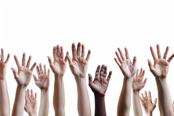An array of raised diverse hands captured against a pure white background, depicting unity or participation