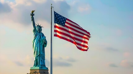 Naklejka premium The Statue of Liberty beside the American flag waving in the breeze against a soft sky background