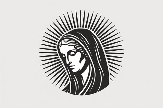 recommend clip art: A black and white vector logo featuring the head portrait of Mary, mother of Jesus, with a radiant halo and rays surrounding her head, crafted with clean and bold lines on an isola