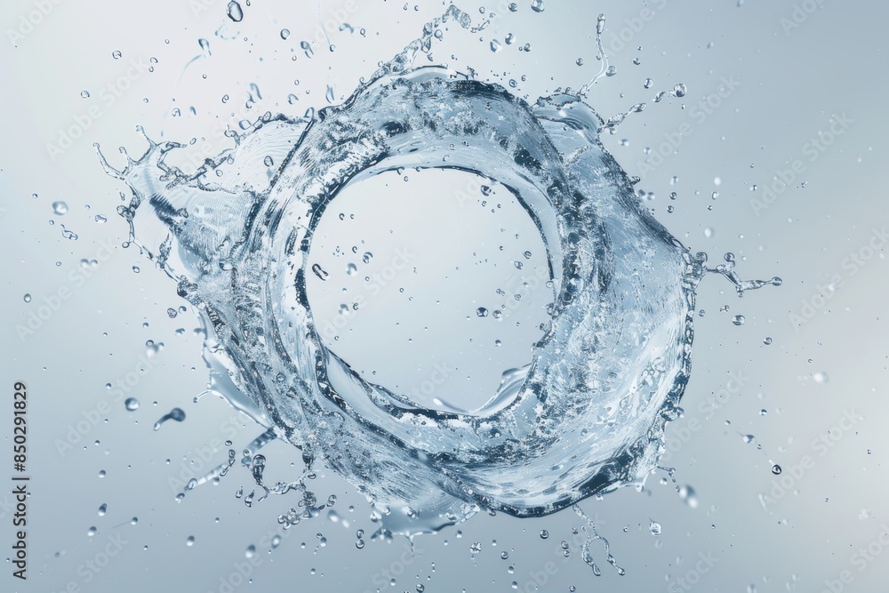 Poster dynamic water splash forming a circular shape, showcasing the purity, motion, and refreshing energy 