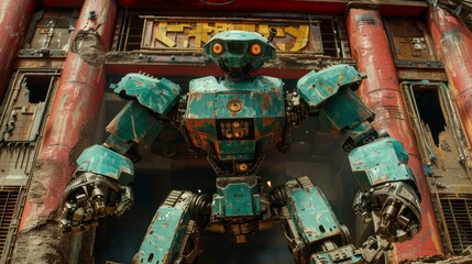 Fototapeta premium A robot with a face and yellow eyes, standing in front of a red background. The robot has a green body and is made of metal.