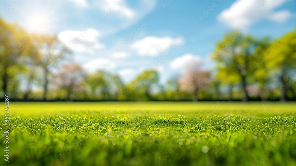 Poster Beautiful blurred background image of spring nature with a neatly trimmed lawn surrounded by trees against a blue sky with clouds on a bright sunny day : Generative AI