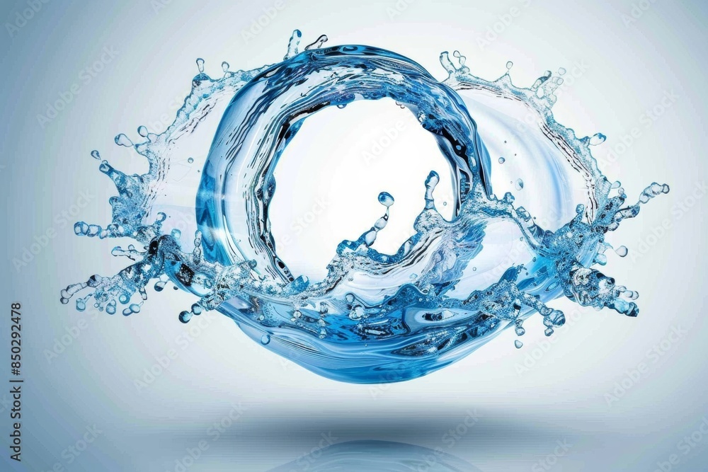 Poster dynamic water splash forming a circular shape, showcasing the purity, motion, and refreshing energy 