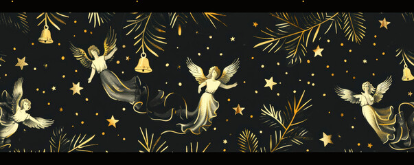 A black background adorned with shining gold stars and elegant angels. Thanksgiving. Christmas. Seamless pattern. Holiday gift wrap. Banner. Copy space