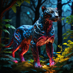 Naklejka premium Advanced Cybernetic Jaguar in Glowing Jungle: High-Resolution Digital Art of a Futuristic Robotic Animal with Bioluminescent Features and Surreal Forest Scene for Sci-Fi Themes