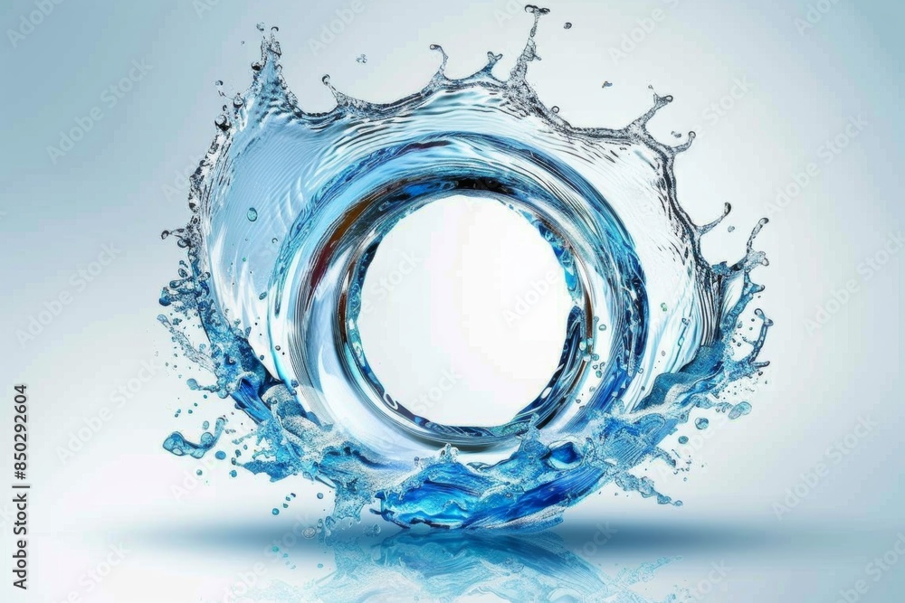 Poster dynamic water splash forming a circular shape, showcasing the purity, motion, and refreshing energy 