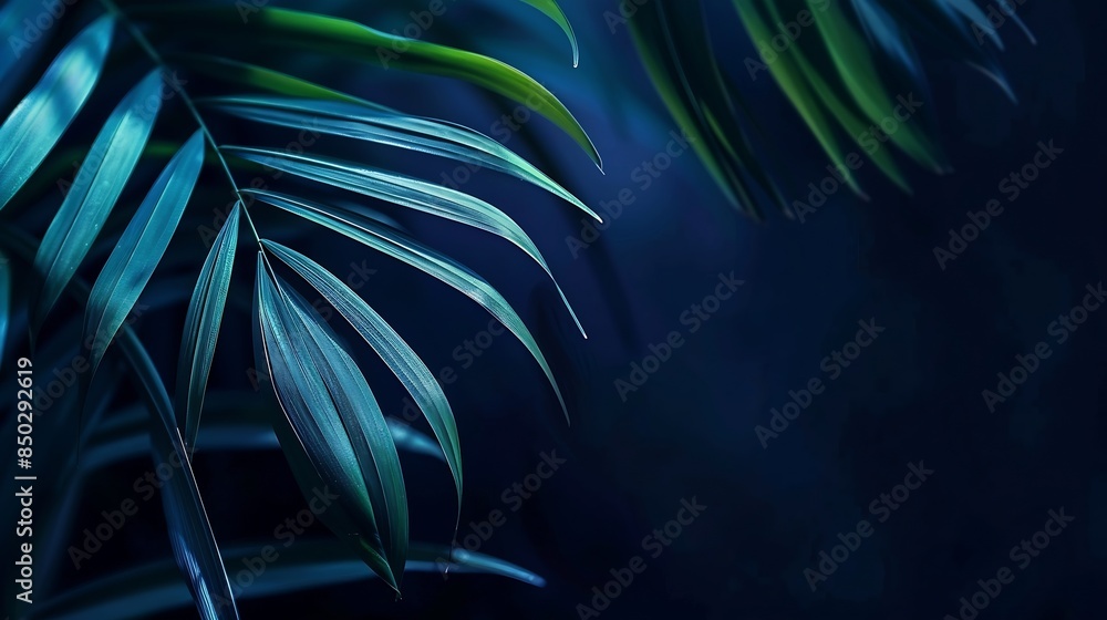 Poster light and shadow on palm leaf dark blue nature background : generative ai