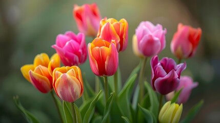 Mixed color tulip bouquet, vibrant spring flowers, green stems, delicate petals, soft natural light, blurred background