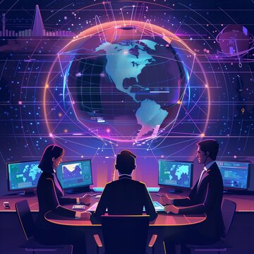 Global communication, holographic interfaces, virtual meetings, seamless connectivity, digital globalization, (digital ink)