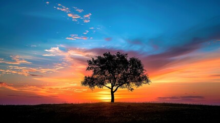 Fototapeta premium Silhouette of a lone tree at sunset, vibrant sky with warm hues, perfect for a creative banner, ample copyspace