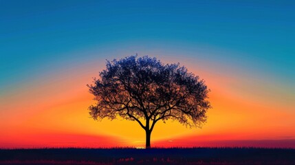 Naklejka premium Silhouette of a tree at dusk, vivid sunset colors, creative banner design, clear copyspace