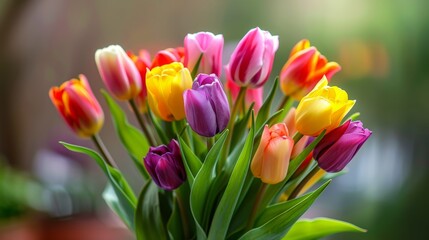 Naklejka premium Spring tulip bouquet with a rainbow of colors, fresh green leaves, elegant arrangement, bright and lively scene