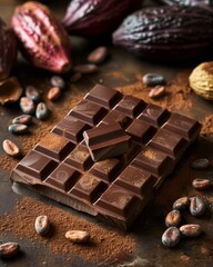 Chocolate Bar Surrounded by Nuts and Cocoa