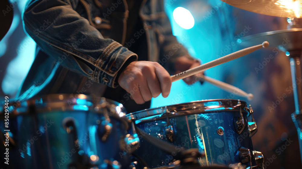 Wall mural Drummer’s Hands Using Sticks on Drum Kit