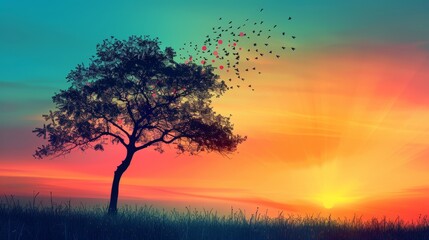 Obraz premium Tree silhouette in front of a colorful sunset, gradient sky, digital background with copyspace, artistic touch