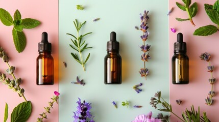 Lifestyle shot of essential oils capturing on topview with pastel color style