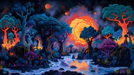 Coloring book, An outrageous scene unfolds as trolls gather under the moonlight, plotting their next move., flashy color