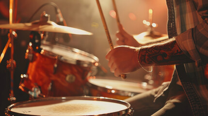 Obraz premium Drummer’s Hands Using Sticks on Drum Kit