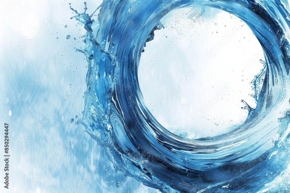 Poster Dynamic splash of water creating a circular shape, emphasizing the purity and motion of clear blue water in a refreshing and abstract form, Generative AI