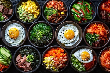 Fototapeta premium An artfully arranged assortment of colorful bibimbap bowls showcased against a black backdrop.