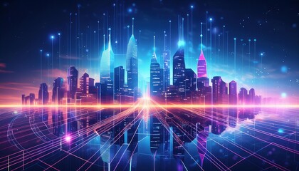 Fototapeta premium A vibrant cyberpunk cityscape illuminated by neon lights in various colors, featuring towering skyscrapers and digital elements. 