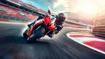 A high-energy shot of a motorcycle racer leaning into a sharp turn on a racetrack, with the stands and track elements blurred in the background. Generative AI
