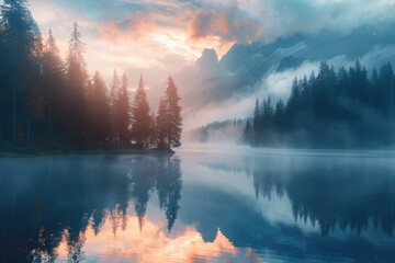 Fototapeta premium At sunrise, the lake reflects mountains and clouds