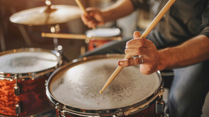 Obraz premium Drummer’s Hands Using Sticks on Drum Kit