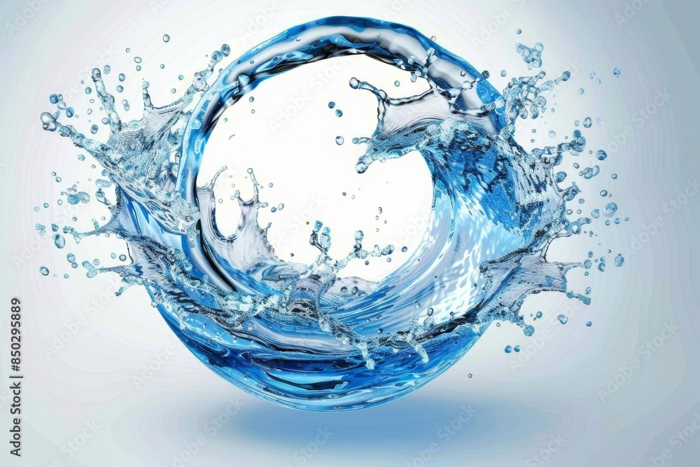 Poster dynamic water splash forming a circular shape, showcasing the purity, motion, and refreshing energy 