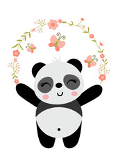 Fototapeta premium Cute panda with wreath of flowers and butterfly