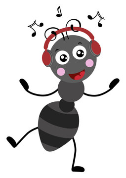 recommend clip art: Funny ant listening music with headphones