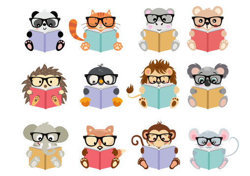 Set digital collage of cute animals reading a book