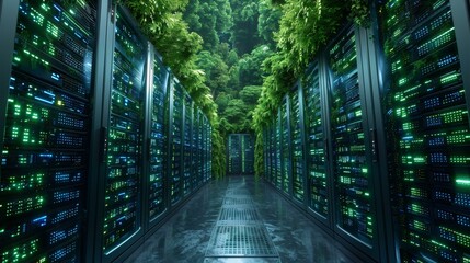 A long hallway with a row of servers on each side, each server covered in green plants and vines. The servers are lined up in a row, creating a unique and visually appealing scene.