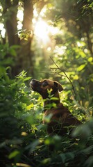 Fototapeta premium Curious Boxer dog exploring the underbrush in the forest