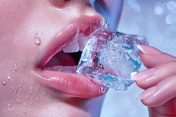 Young woman with full lips putting an ice cube to her mouth