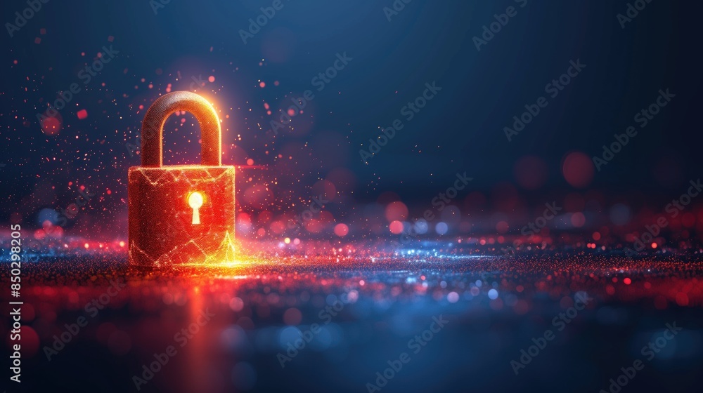 Poster glowing lock symbolizing digital security and cyber safety in a sparkling environment.