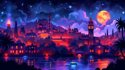 Fototapeta premium A purple and orange city at night with a moon in the sky. The city is lit up with various buildings and a river running through it. 