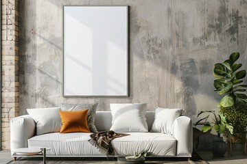 Modern Living Room Interior with Blank Poster Frame on Concrete Wall