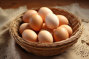 Fresh Brown Eggs in a Wicker Basket on a Rustic Table with Lace Tablecloth, Natural Light, Farm Fresh Produce, Organic Food, Healthy Eating, Countryside Kitchen, Home Cooking Ingredients