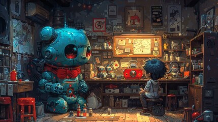 A boy is sitting at a desk with a robot and a teddy bear. The robot is blue and has a red bow tie. 