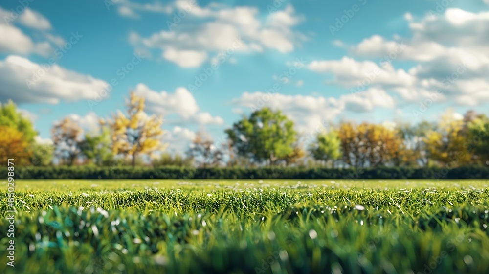 Poster beautiful blurred background image of spring nature with a neatly trimmed lawn surrounded by trees a