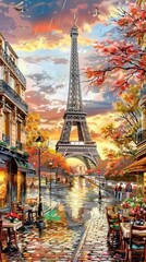 Scenic view of the Eiffel Tower in Paris during autumn, highlighting the iconic landmark and romantic atmosphere of the city's picturesque streets, Generative AI