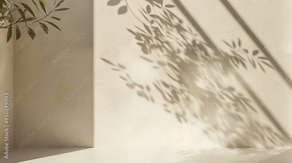 Poster Minimalistic abstract gentle light beige background for product presentation with light andand intricate shadow from the window and vegetation on wall : Generative AI