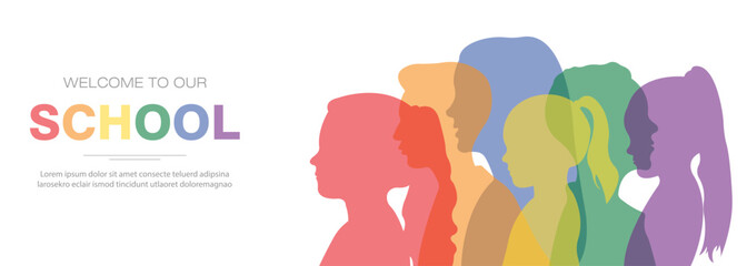 Welcome to our school.Horizontal banner with silhouettes of children.Vector illustration.