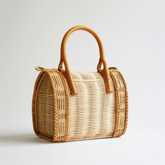 Elegant Woven Rattan Handbag with Wooden Handles on White Background - Perfect for Summer Fashion, Beach Outings, and Casual Chic Style