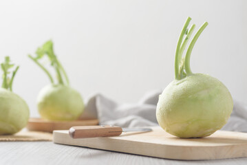 Fresh raw green kohlrabi with leaf on white background, Vegetable from Organic farm ingredient for...